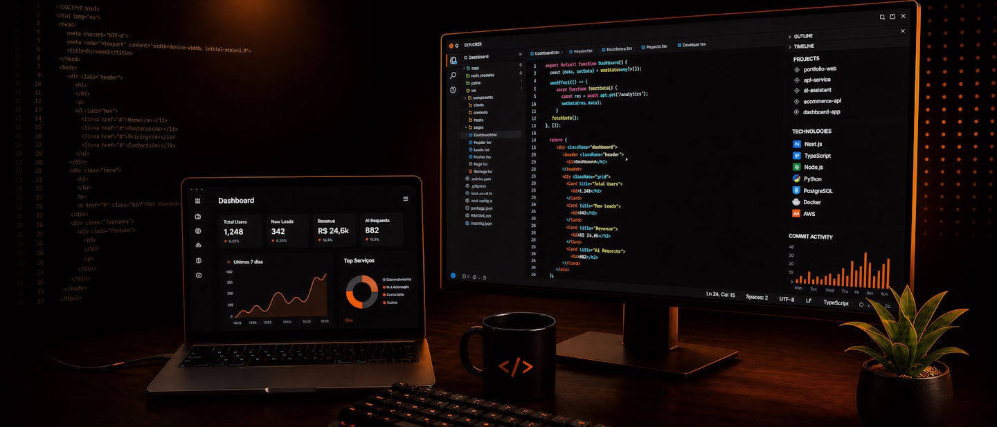 Laptop i monitor wyświetlające kod oprogramowania i pulpity biznesowe.